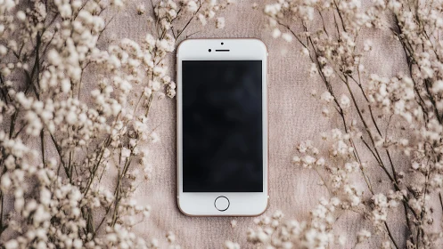 White iPhone on Neutral Fabric with Baby's Breath Flowers.