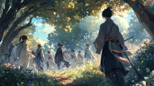 Sunlit forest duel where quiet warriors meet in bloom.