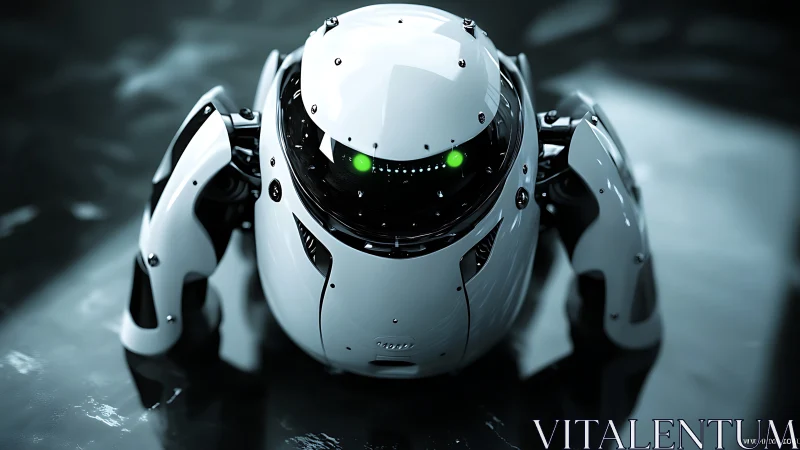 Curious chrome rover leans in, bright green optics glowing