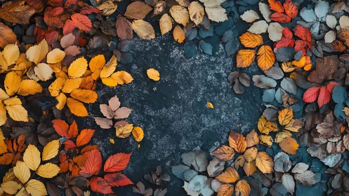 Autumn leaves frame a textured dark ground with rich contrast