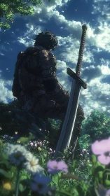 Armored warrior seated with greatsword in flowering meadow.