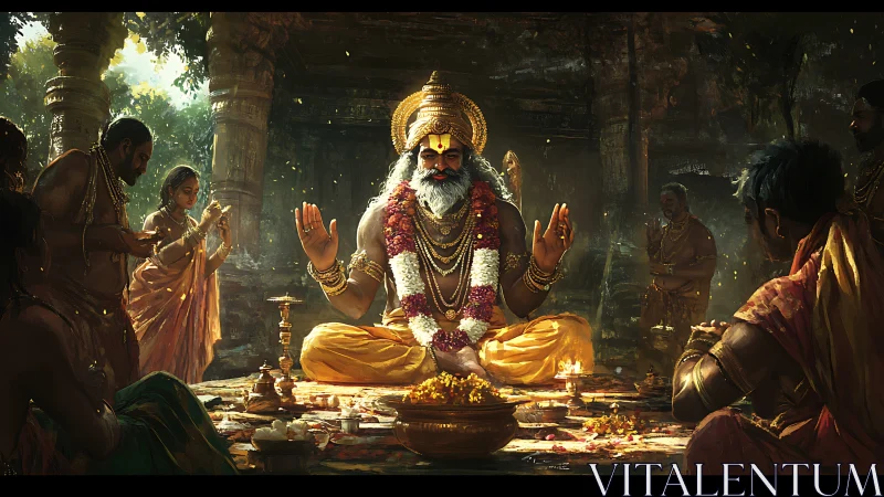 Sacred guru leads golden-hued ritual in ancient temple hall.