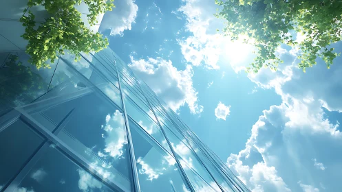 Glazed curtain wall with sky reflections and foliage crown.