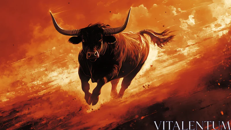 Charging bull storms through blazing orange dust field
