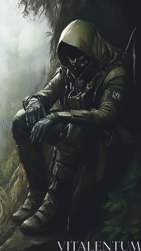 Hooded tactical scout resting in misty forest outcrop.