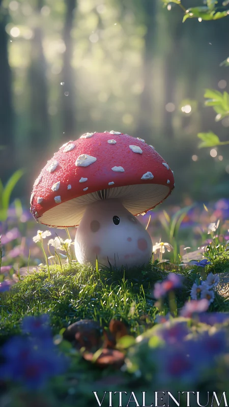 Cute red toadstool character in soft sunlit forest glade.