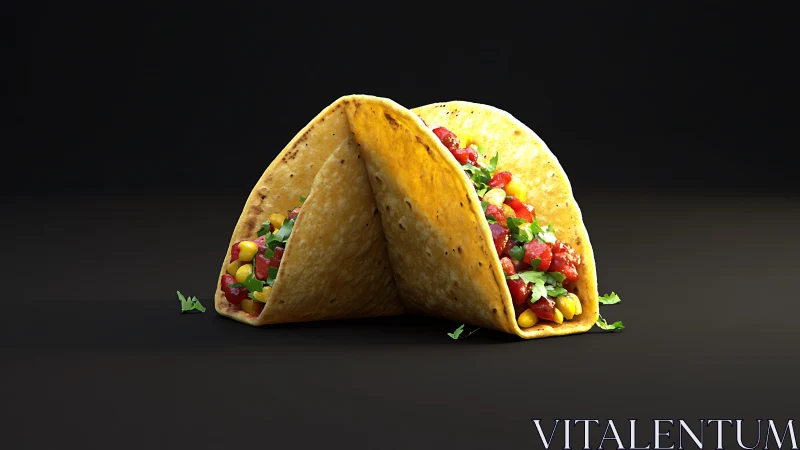 Crisp hard shell tacos with salsa and corn on black.