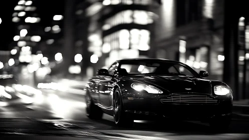 Black sports car moves through blurred city street at night