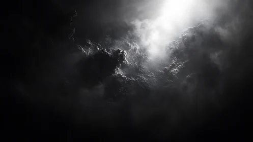 Luminous breach in storm-dark clouds, high contrast drama.