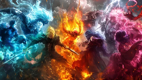 Elemental combatants in high-energy symmetrical clash panorama.