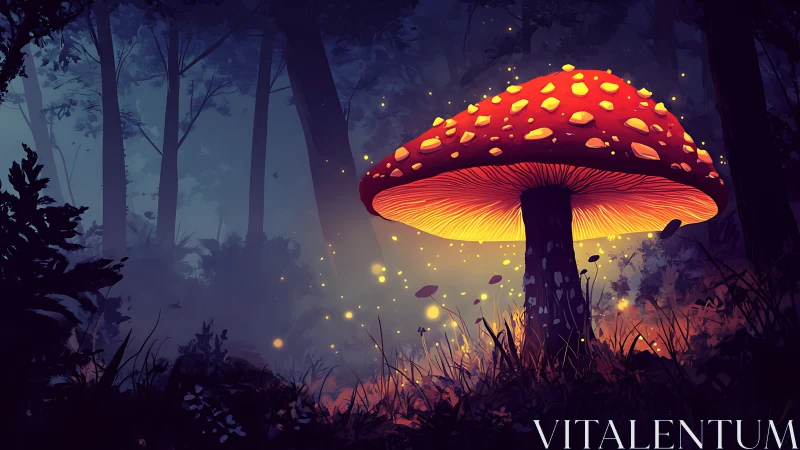 Large red mushroom in dark forest with glowing particles.