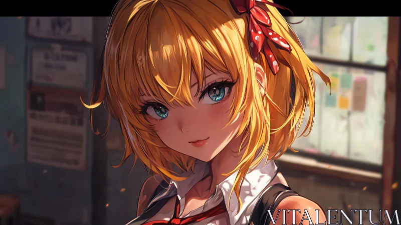 Sunlit anime schoolgirl with teal eyes in warm studio glow.