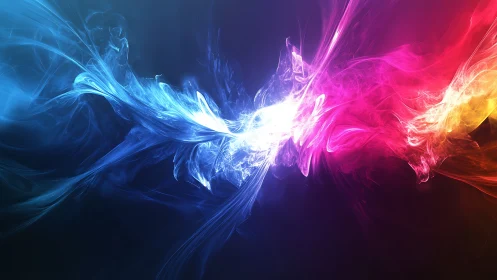 Vibrant blue and pink light energy swirling on dark field.