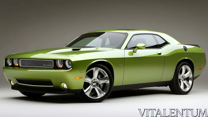 Lime green muscle coupe prowls a studio like liquid chrome.