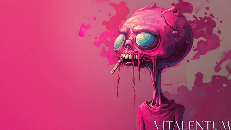 Neon pink melting skull figure with exaggerated glossy eyes.