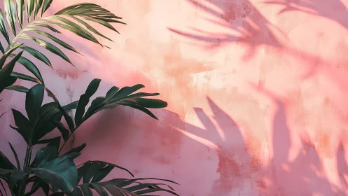 Palm foliage and shadows on textured pink plaster wall.