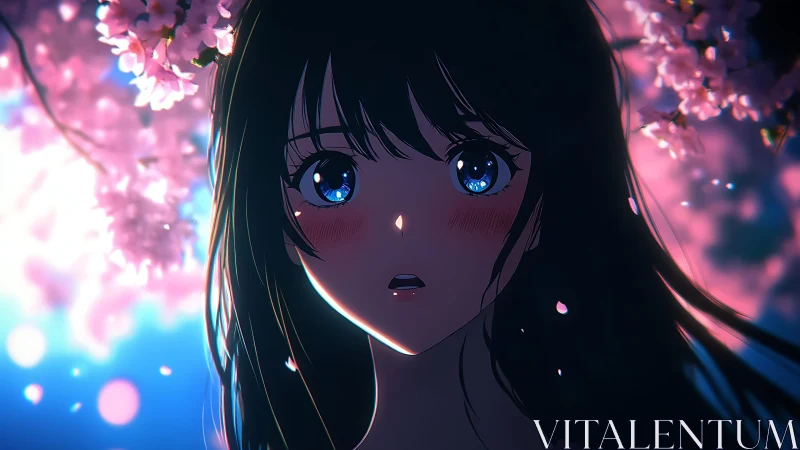 Shy girl under glowing cherry blossoms at twilight.