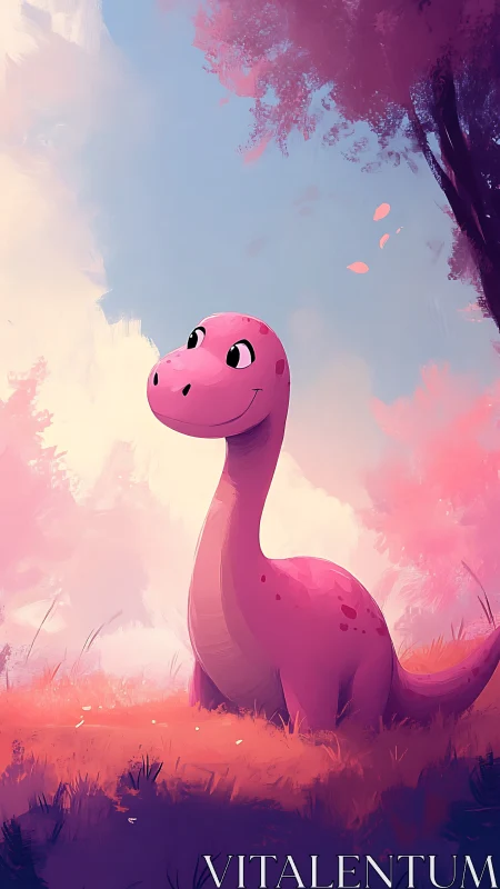 Pink cartoon dinosaur in pastel landscape under blue sky.