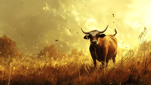 Sun-drenched lone bull wandering through liquid-gold prairie.