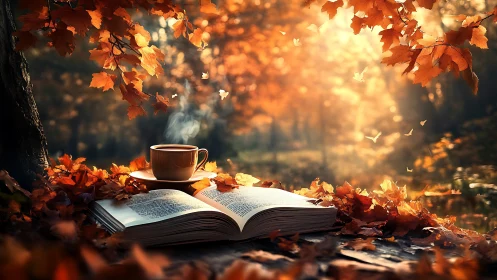 Story-soaked leaves cradle coffee steam in autumn hush