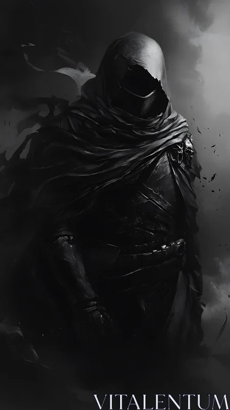 Shadow cloaked warrior in monochrome stormed void.