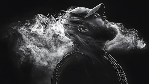 Monochrome profile portrait with dramatic trailing vapor plume.