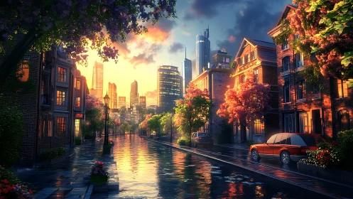 Sunlit rainy boulevard merging historic brownstones and glass.