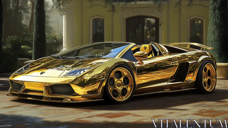 Golden supercar roadster outside luxury Mediterranean villa.