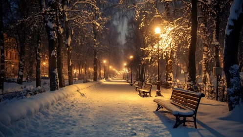 Snow covered city park path with lamppost bokeh at dusk
