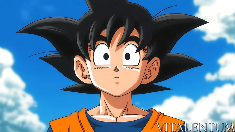 Spiky haired anime character portrait under blue sky.