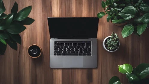 Photorealistic workspace with laptop and structured foliage balance.