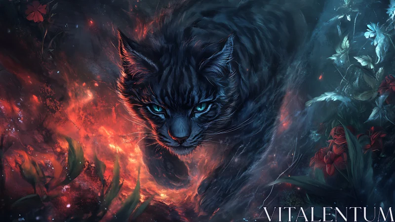Mystic midnight cat walking through glowing forest embers.