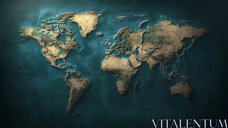 Textured world map relief with continents on teal ocean.