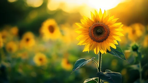 Photorealistic sunflower portrait in golden backlit field.