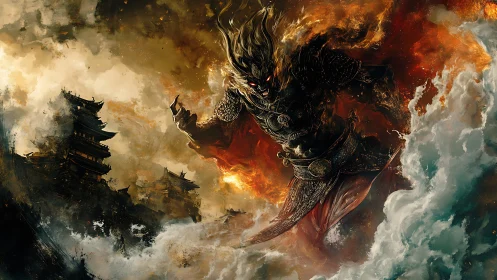 Storm-forged fire warrior strides between temple and sea