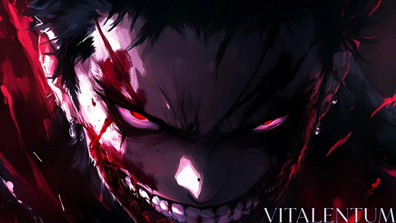 Bloodlit demon grin carving through the darkness of rage.