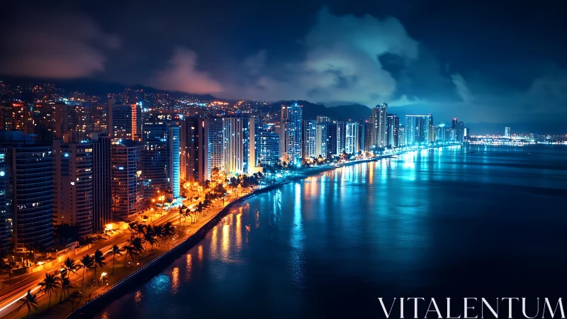 Coastal skyline with illuminated towers at night over water.