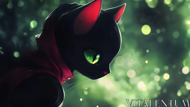Feline Silhouette with Crimson Ears Against Luminous Green Bokeh Environment