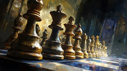 Cinematic low-angle view of weathered chess kings aligned