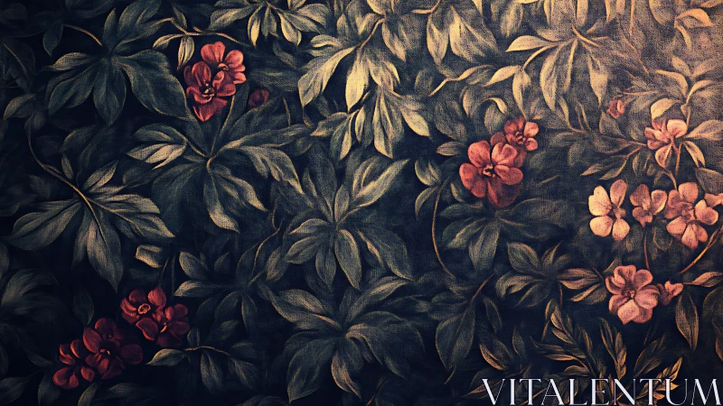 Vintage Floral Pattern with Red Flowers and Gold Foliage