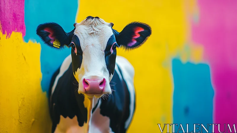 Holstein cow portrait against bold multicolor painted wall.