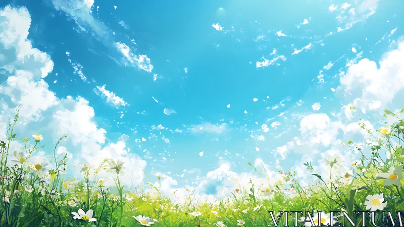 Sunny wildflower meadow under wide open blue sky.