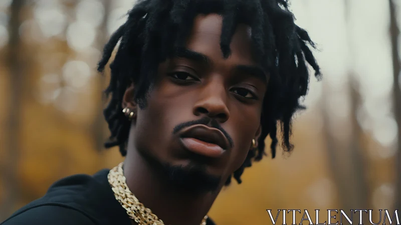 Moody outdoor portrait with gold chain and dreadlocks.