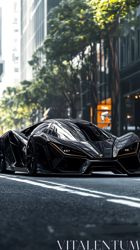 Sleek black supercar gliding confidently through the city streets.
