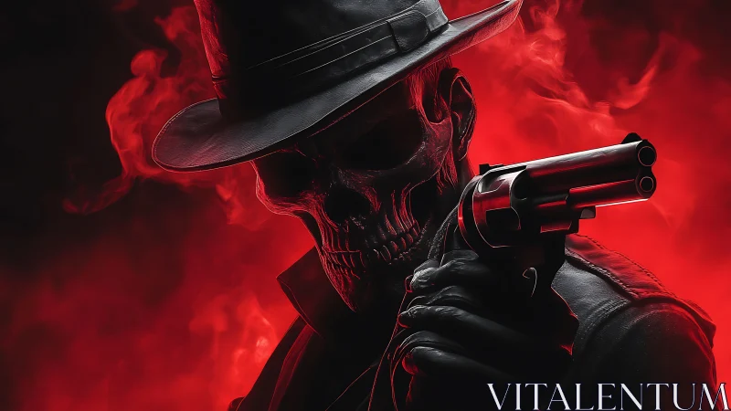 Photorealistic skeletal gunslinger in cinematic red chiaroscuro.