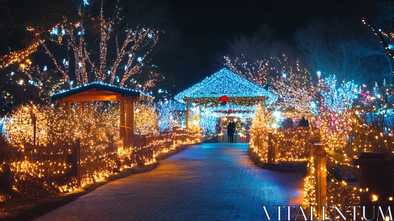 Winter garden walkway glows under shimmering holiday lights