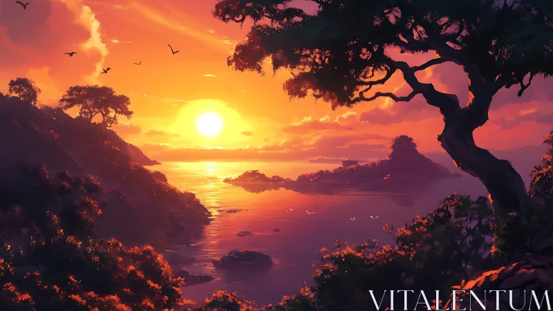 Sunlit tropical bay sunset with silhouetted coastal trees.