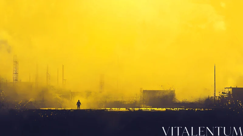 Solitary human figure before diffuse yellow industrial skyline.