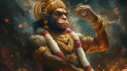 Majestic divine warrior stands radiant in swirling embers