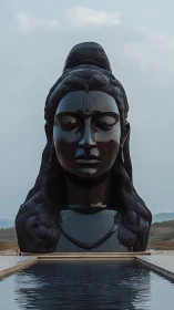 Monolithic black Shiva bust with reflective pool alignment.